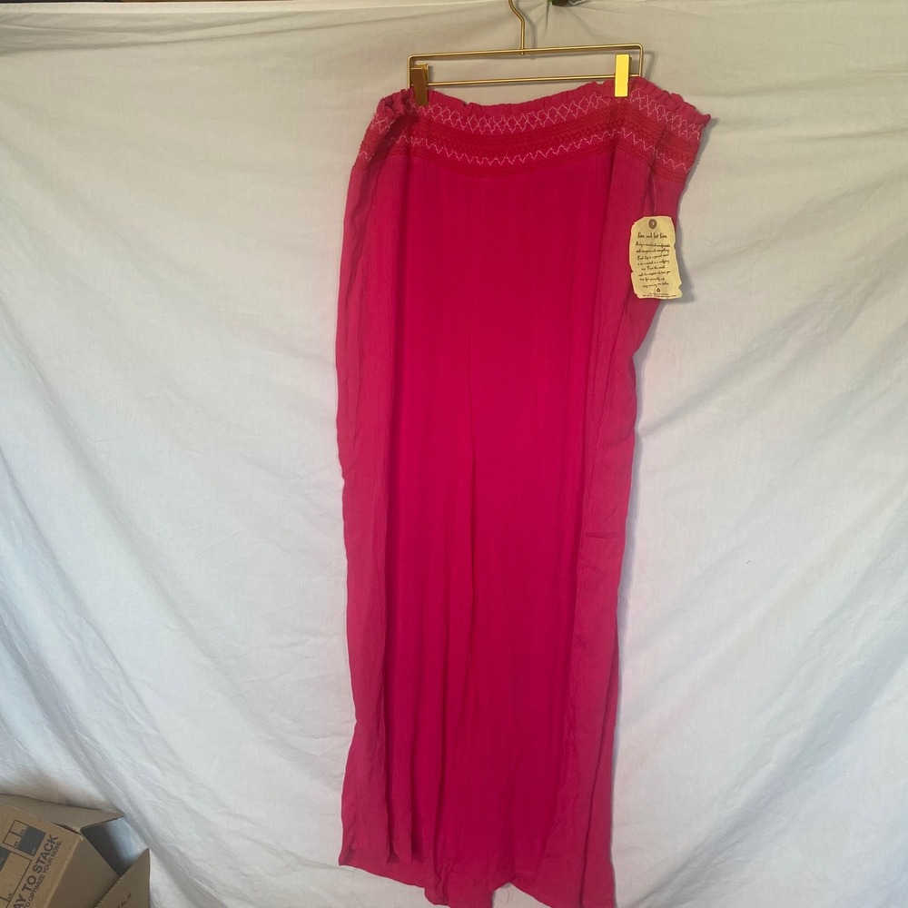 One World Pink Smocked‎ Embroidered Wide Leg Pants Plus Size 2X NWT